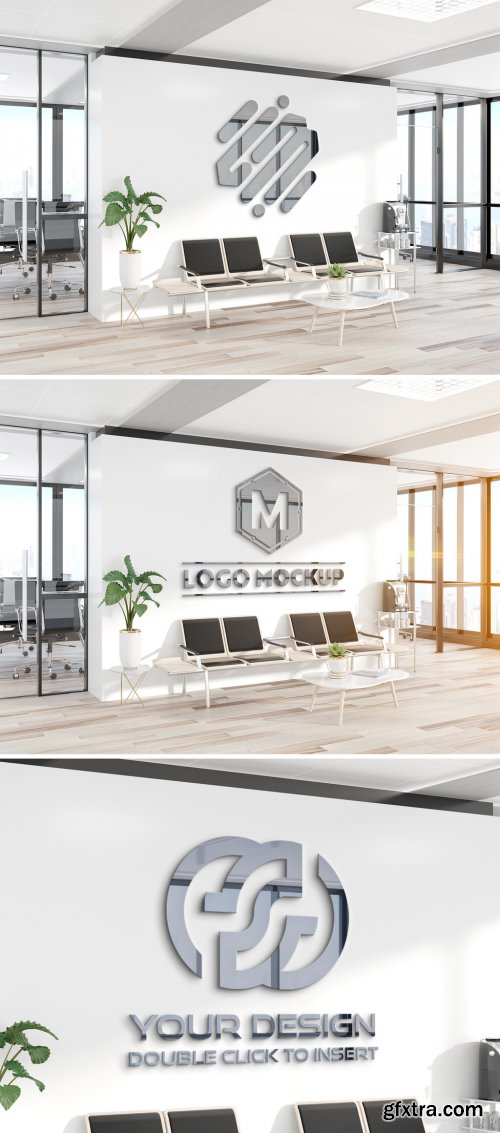 Reflective Metal Logo on Office Wall Mockup 385081333