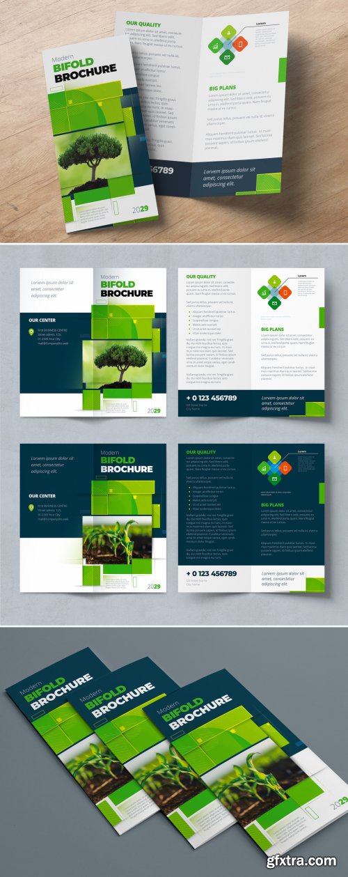 Green Bifold Brochure Layout with Rectangles 387465183