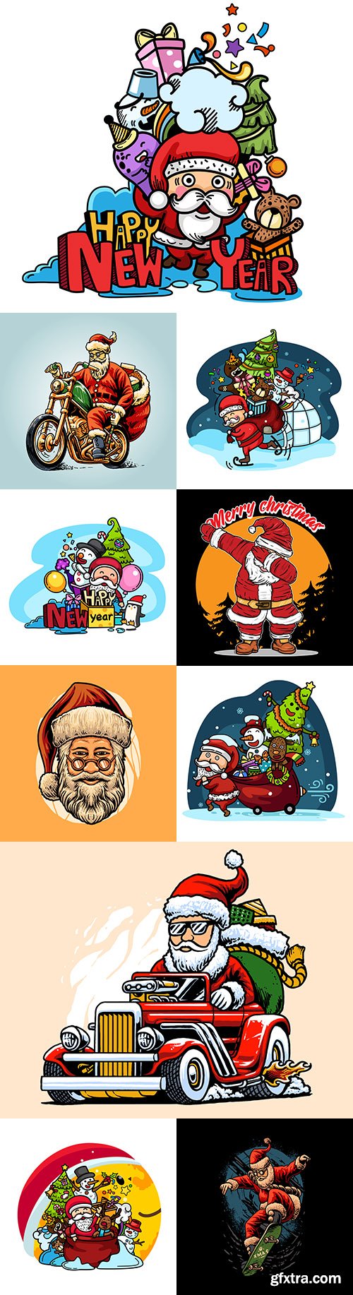 Santa Claus drawing with Christmas party and skateboarding
