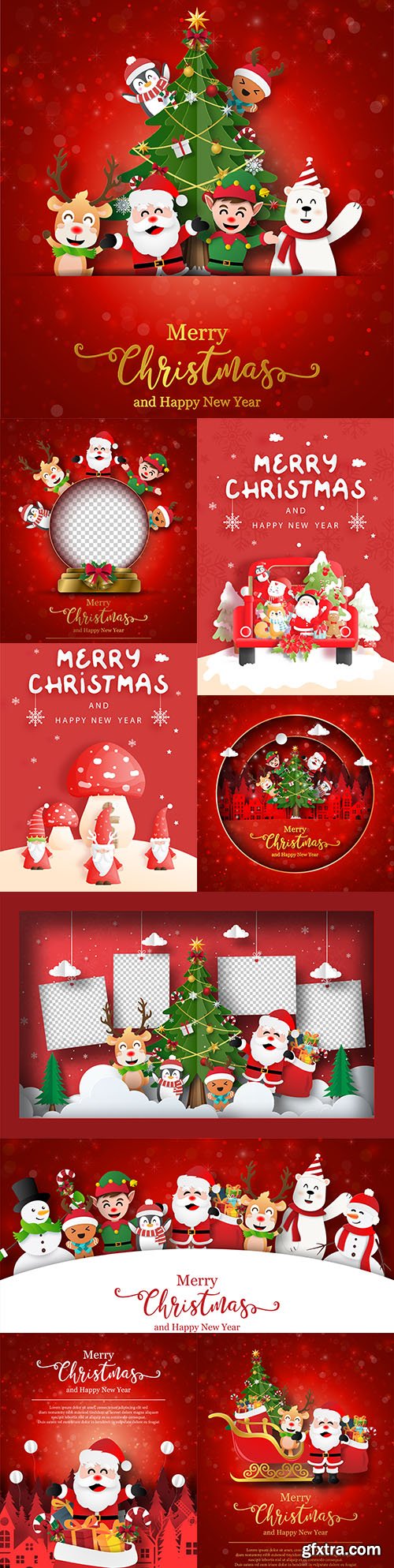 Santa Claus Christmas card and friends with gifts
