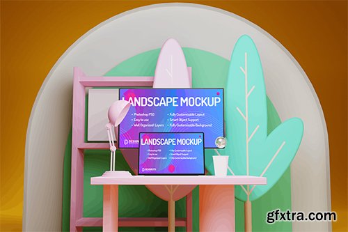 Laptop Work Desk Cartoon – Mockup Template