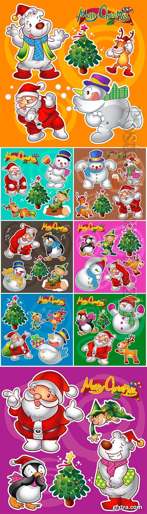 Vector set of colorful cute christmas characters and decorations