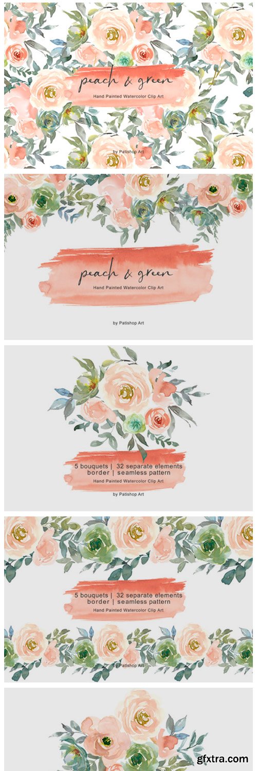 Peach &amp; Green Watercolor Floral Clipart 3655233