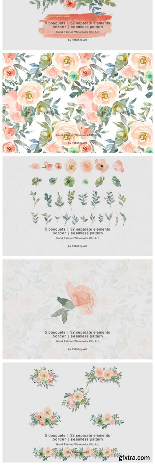 Peach &amp; Green Watercolor Floral Clipart 3655233