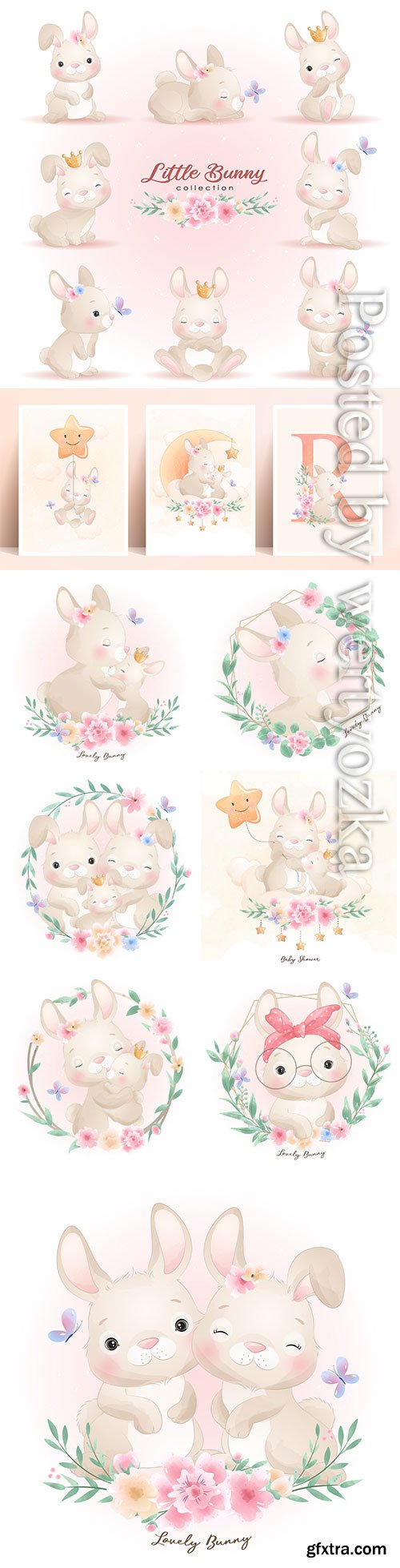 Cute doodle bunny poses with floral illustration premium vector