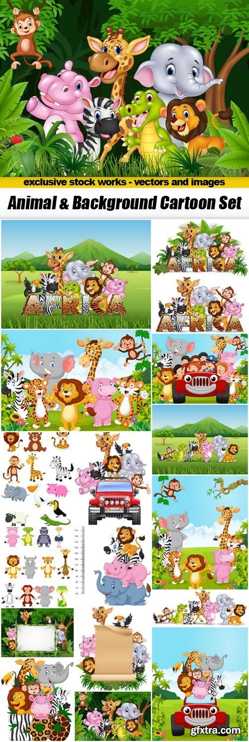 Animal & Background Cartoon Set - 17xEPS