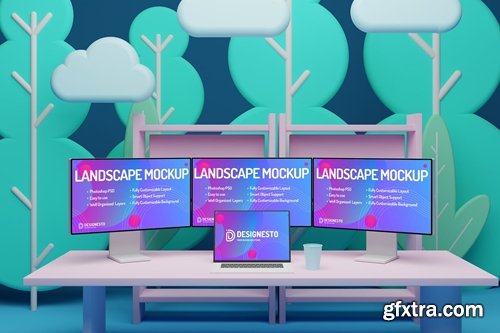 Laptop Triple Monitor Cartoon – Mockup Template