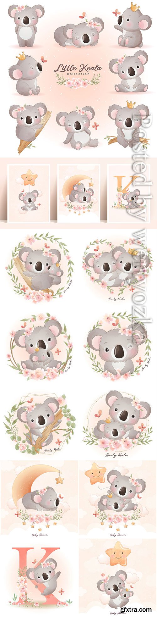 Cute doodle koala bear with floral illustration premium vector