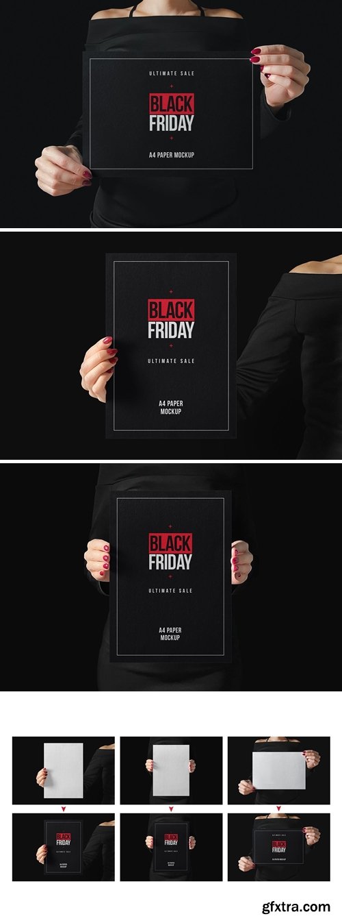 Woman Holding A4 Paper Black Scene Mockup