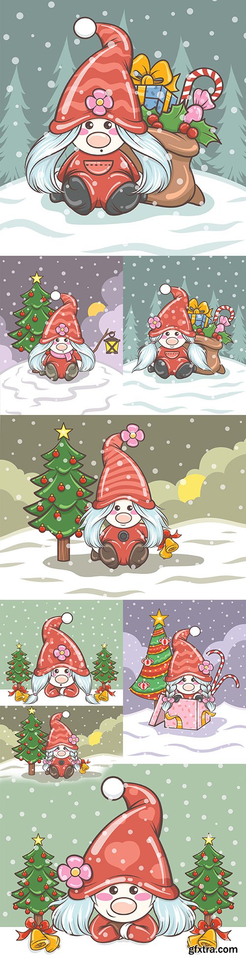 Sweet girl gnome with gifts Christmas illustration
