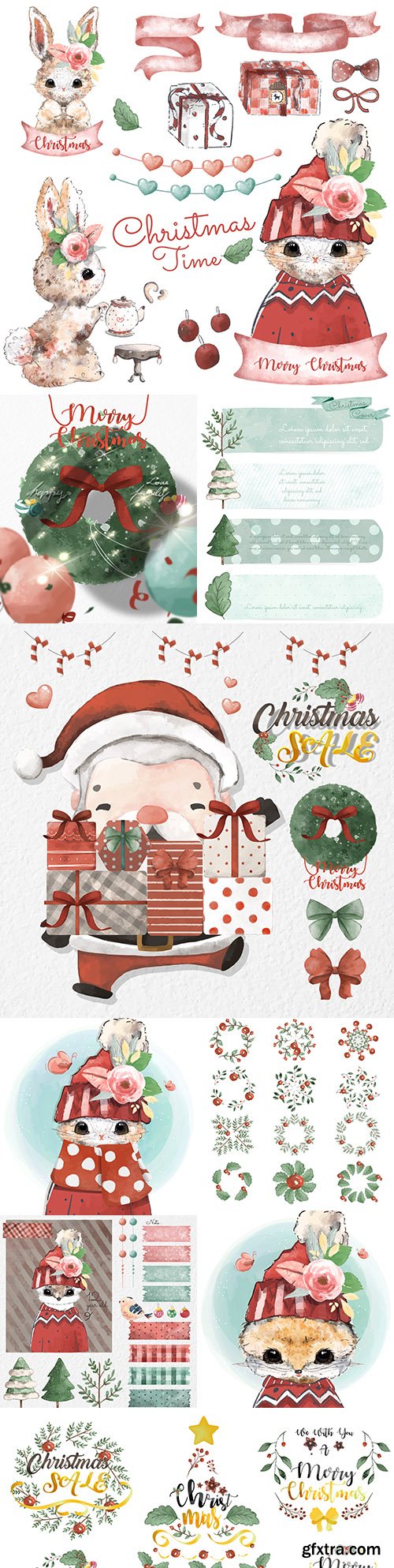 Christmas set of watercolor style design elements
