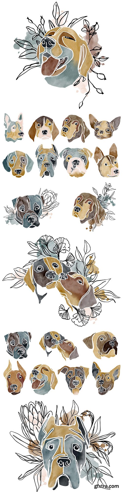 Dogs of different breeds abstract illustrations
