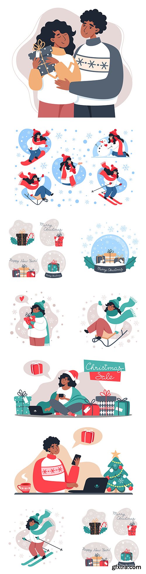 Winter skiing and romantic pair flat design
