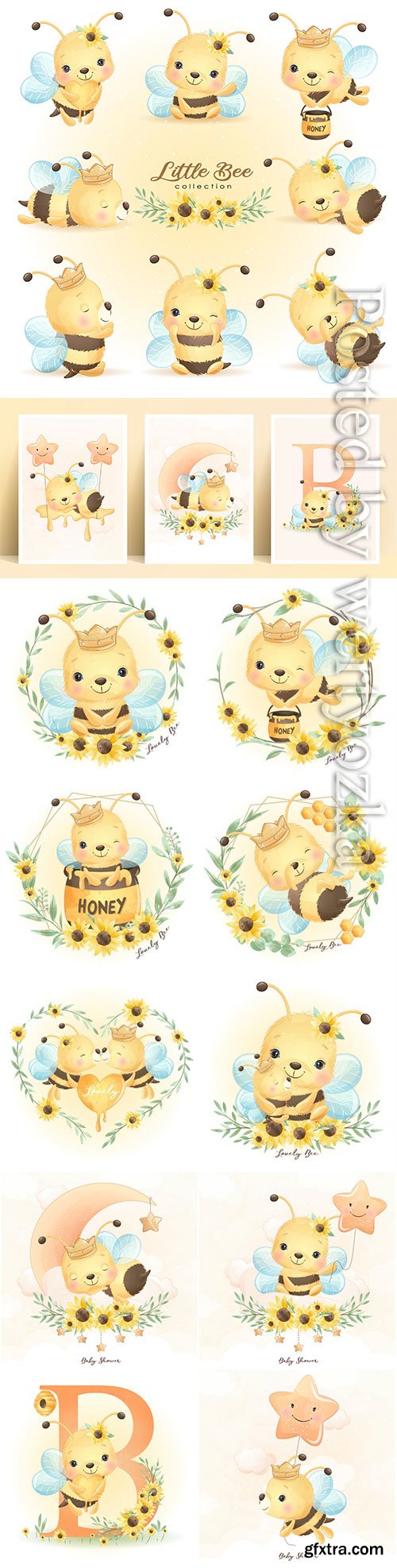 Cute doodle bee poses with floral collection premium vector