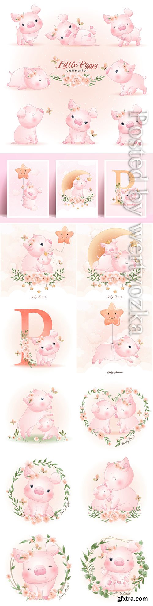 Cute doodle piggy poses with floral illustration premium vector