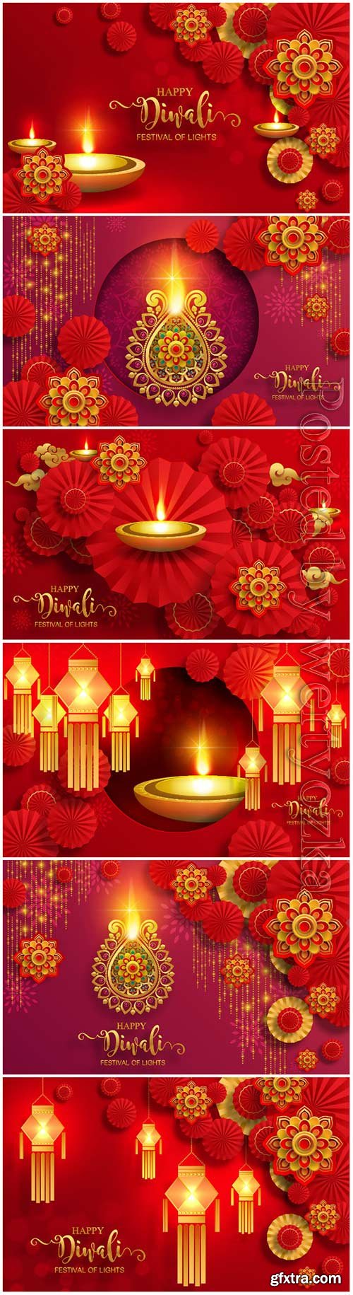 Diwali, deepavali or dipavali the festival of lights india with gold diya vector patterned