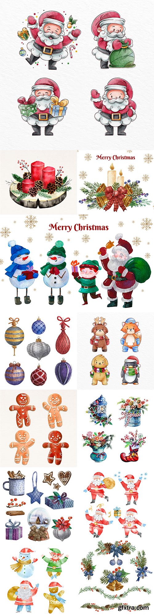 Watercolor Christmas characters and elements collection illustrations
