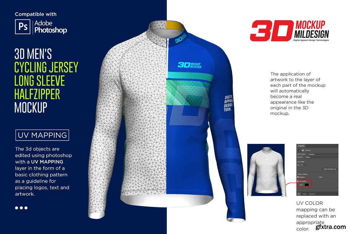 Download CreativeMarket - 3D Men's Cycling Jersey Half-zip LS 5539751