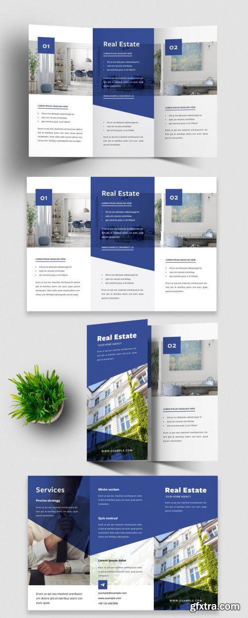 Modern Trifold Brochure Design Layout with Blue Accents 389708134