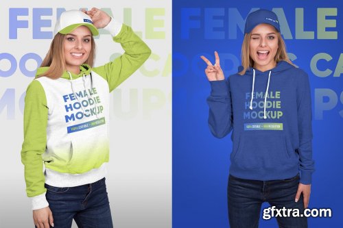 CreativeMarket - Female Hoodie & Baseball Cap Mockup 5336872