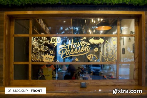 CreativeMarket - 3 Cafe Glass Sticker Decals Mockup 5499362