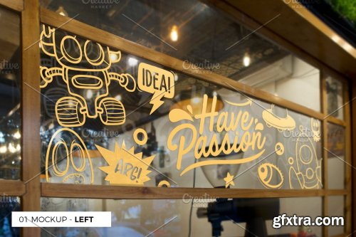 CreativeMarket - 3 Cafe Glass Sticker Decals Mockup 5499362