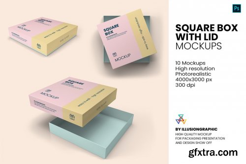 CreativeMarket - Square Box with Lid Mockups 10 Views 5652392