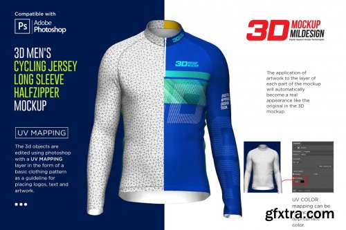 CreativeMarket - 3D Men's Cycling Jersey Half-zip LS 5539751