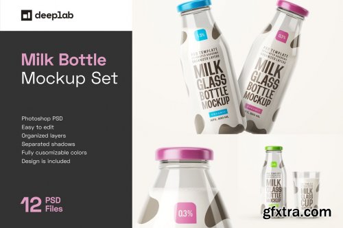 CreativeMarket - Fresh Milk Glass Bottle Mockup Set 5662647