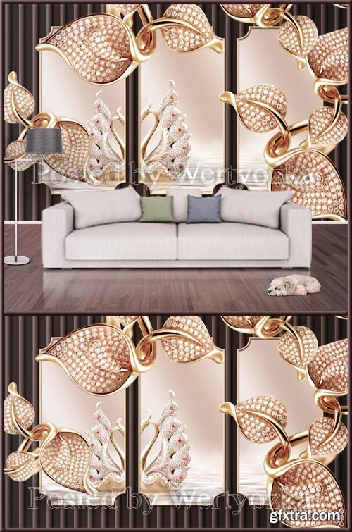 3D psd background wall golden metal mosaic swan