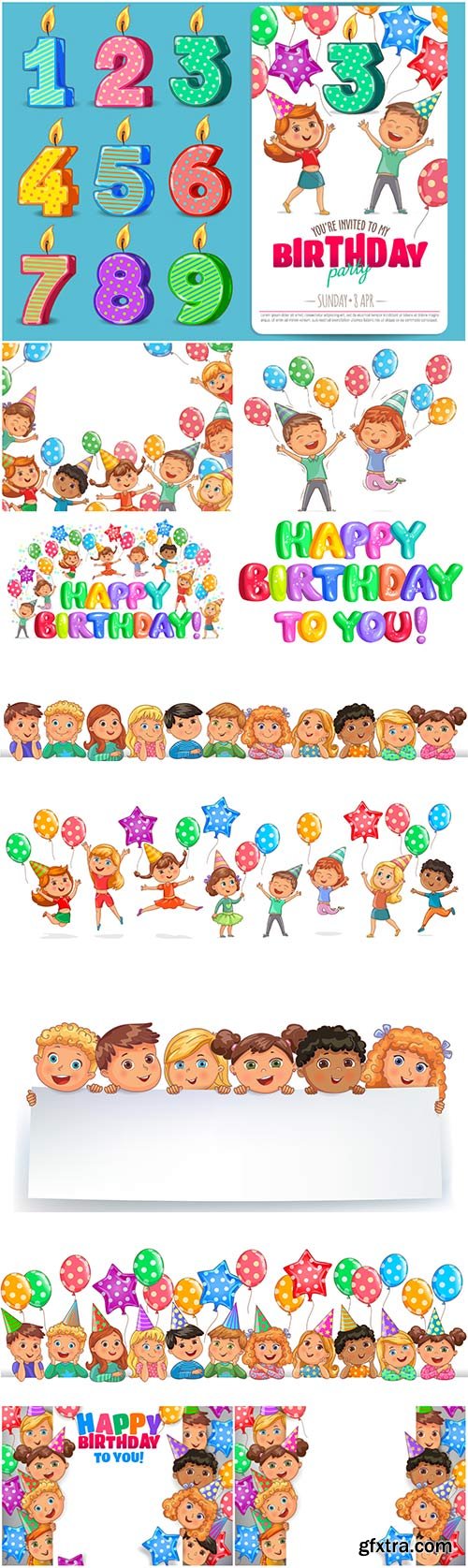 Happy birthday vector illustration, funny kids