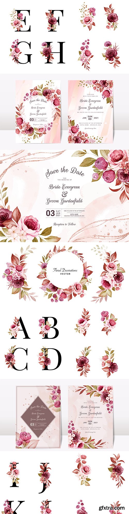 Floral wedding invitation template with letters and elegant roses
