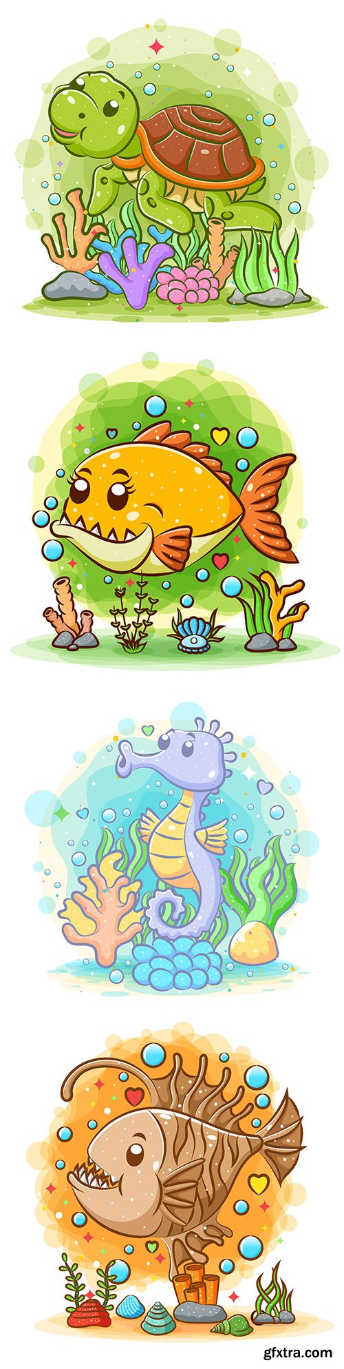 Wildlife and marine dwellers cartoon fish watercolor illustrations
