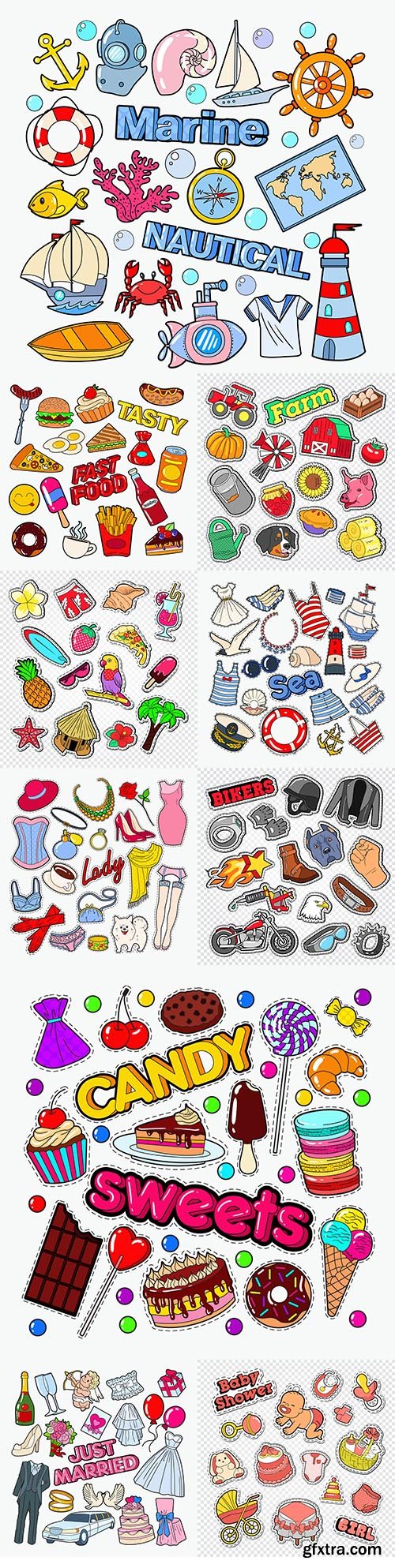 Food and objects drawn cartoon stickers for printing
