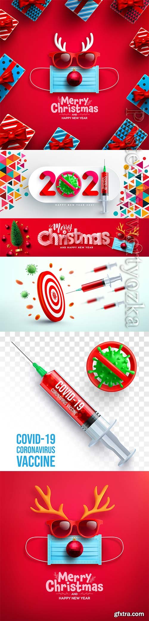 Happy new year with virus and red covid vaccine syringe, pandemic concept