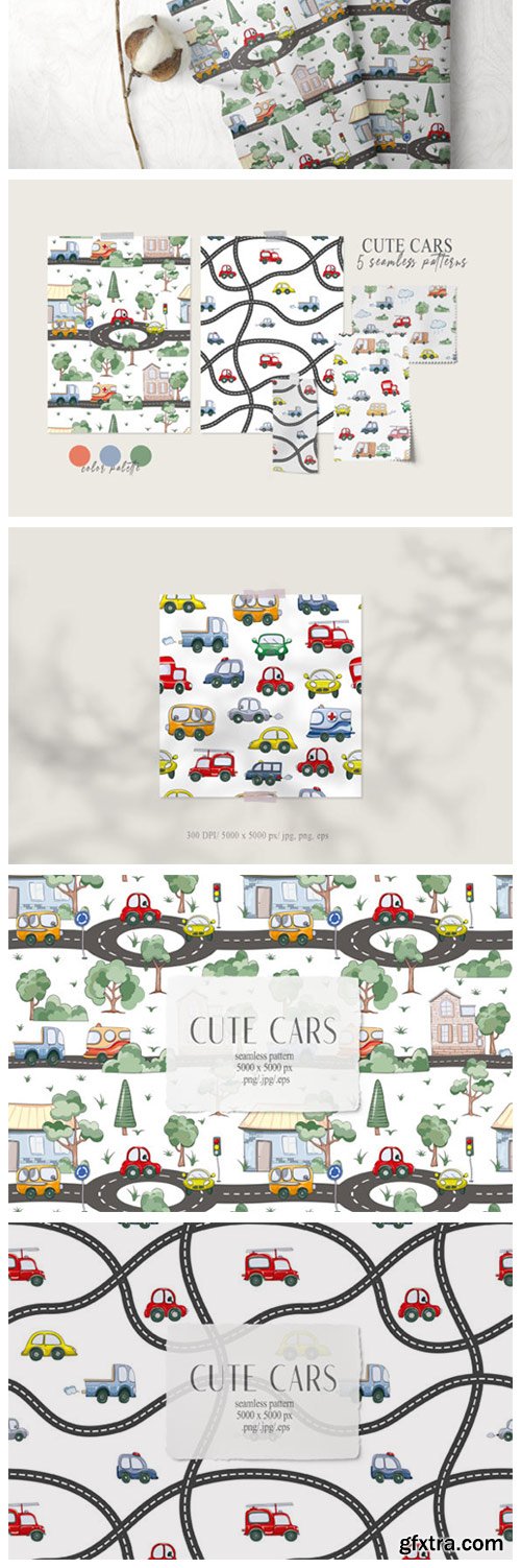 Watercolor Funny Cars Seamless Patterns 6794106