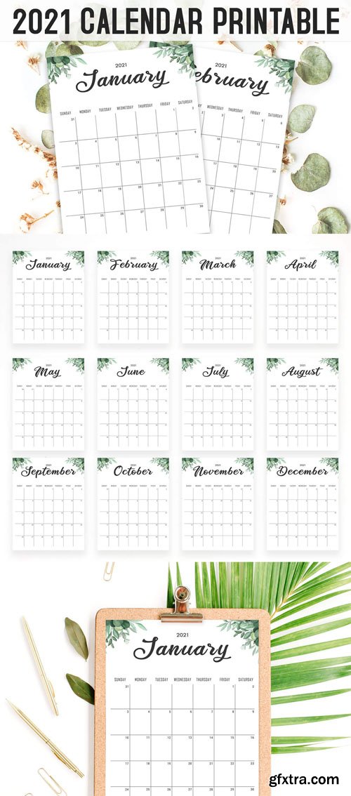 Minimal Floral Calendar 2021 Printable [PSD/PDF] Templates / 12-Months