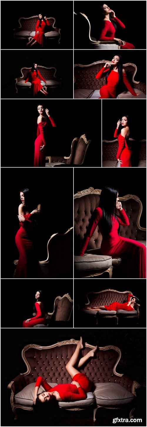 Elegant woman in red dress in darkness - Female in dramatic light, Set of 13xUHQ JPEG Professional Stock Images