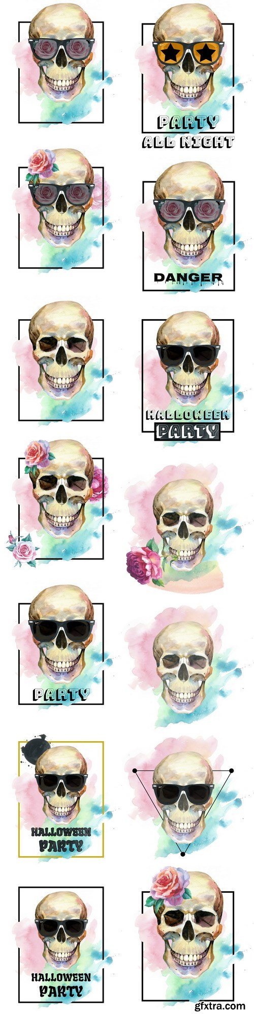 Watercolor smiling skulls - tattoo concept - Set of 14xUHQ JPEG Professional Stock Images