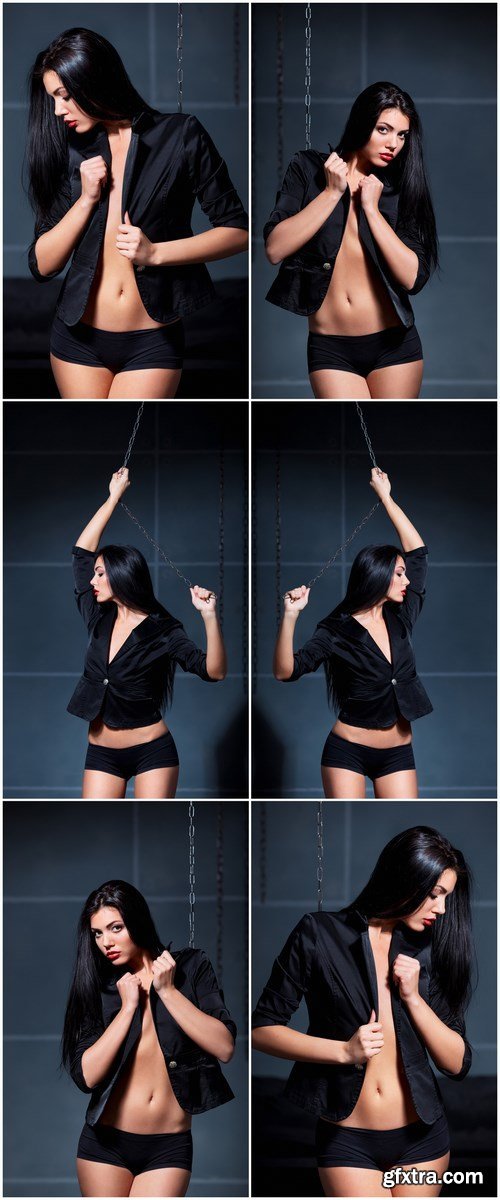 Beautiful sexy young woman posing wearing black jacket on naked body - Set of 6xUHQ JPEG Professional Stock Images