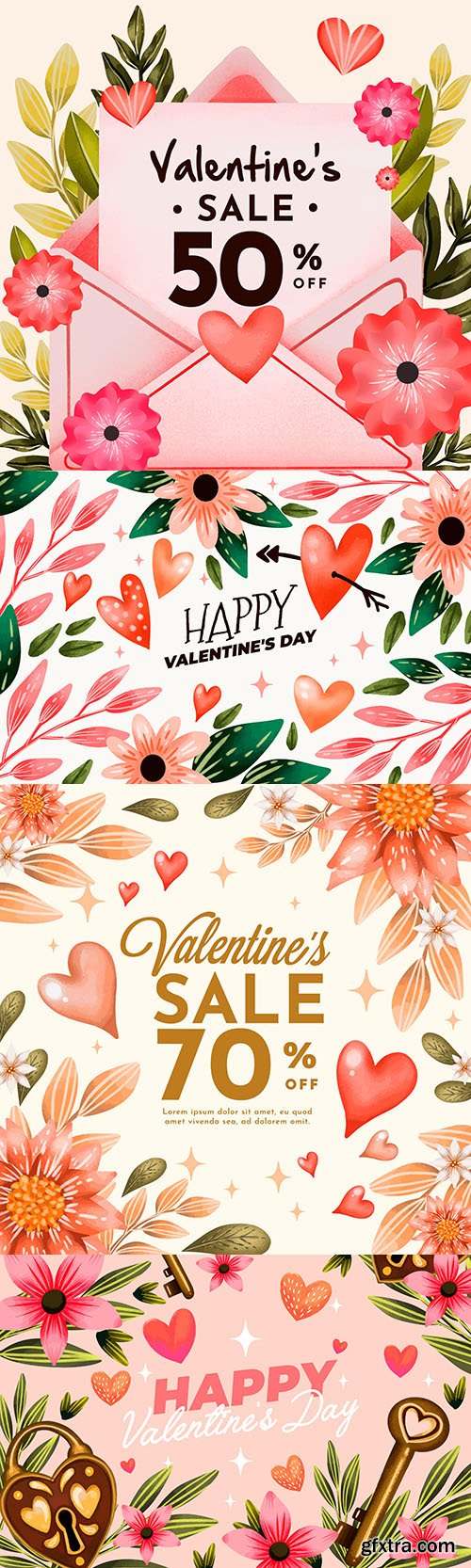 Happy Valentine’s Day sale watercolor floral illustrations
