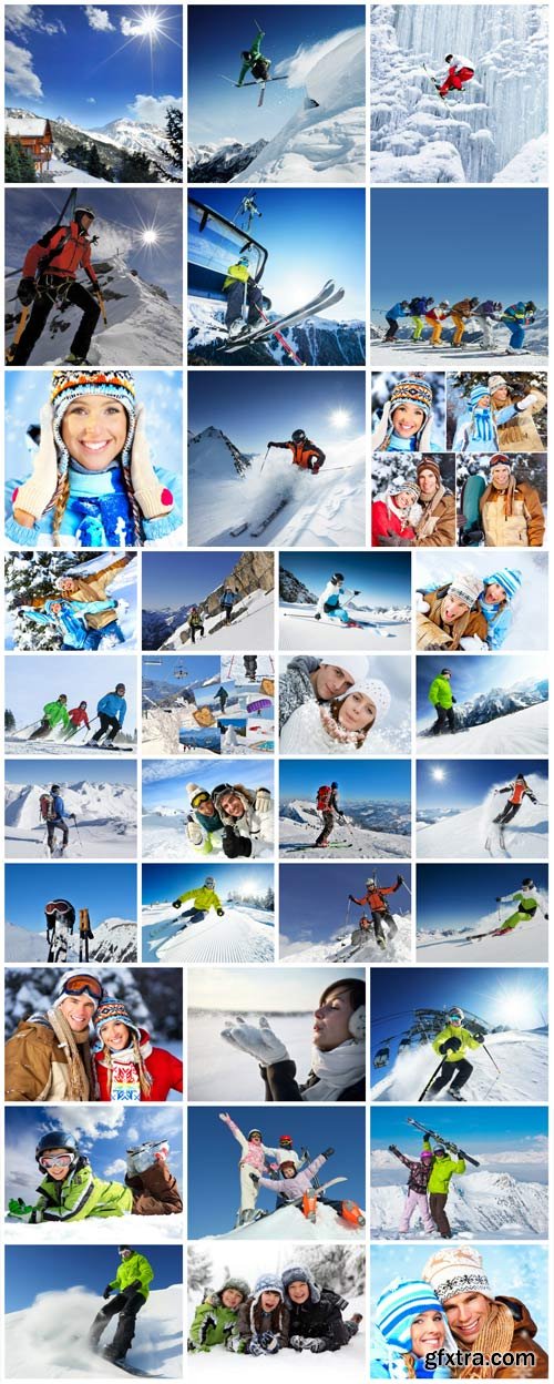 People skiing and snowboarding in the mountains stock photo