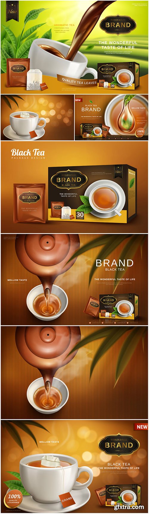 Black tea ad, with tea leaves and package box