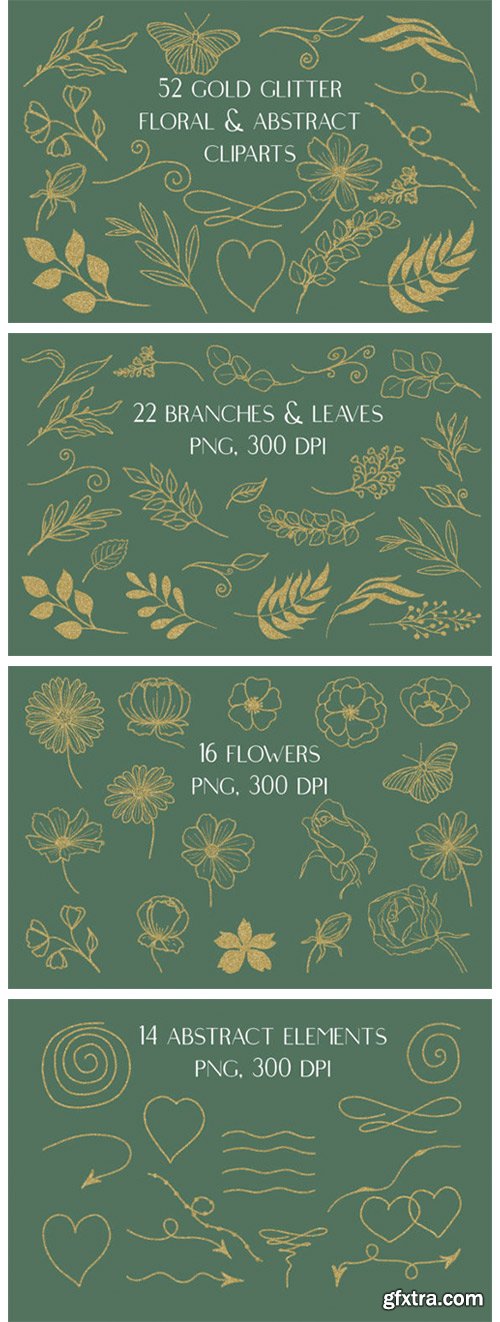 52 Gold Glitter Doodle Floral Cliparts 7075820