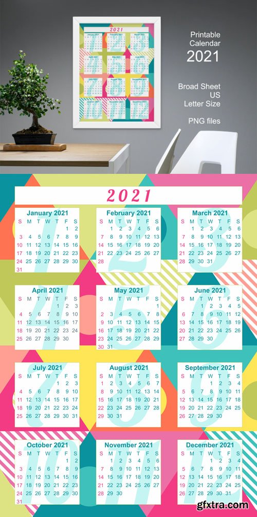 Printable Calendar 2021 With Colorful Bold Triangles Patterns Gfxtra 2329