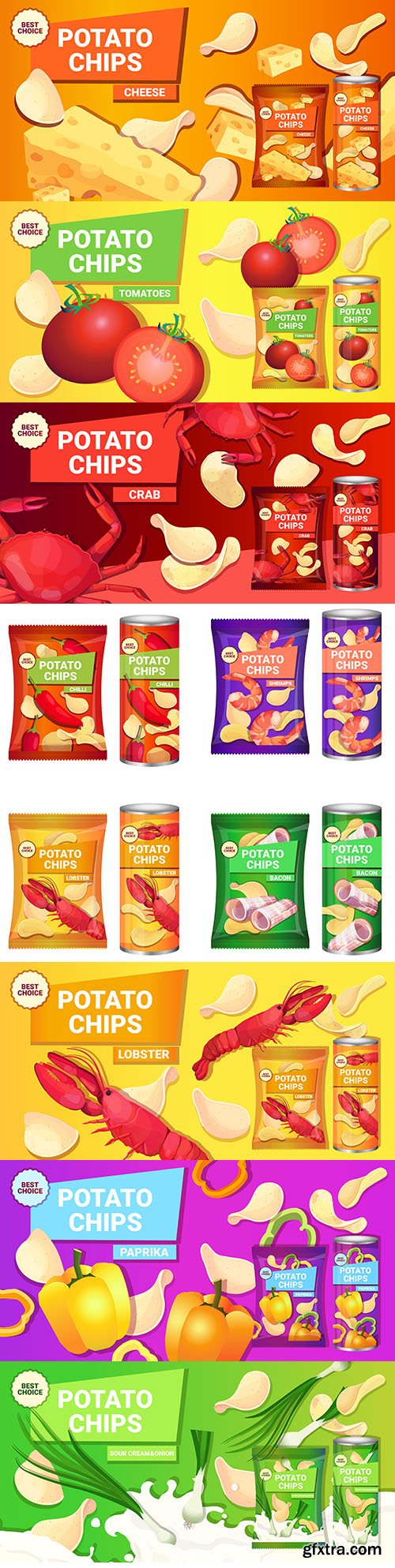 Potato chips brand packaging different tastes design template
