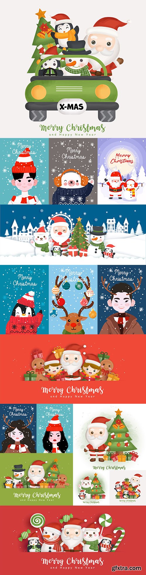 Merry Christmas Santa Claus elements and themed painted flat illustrations
