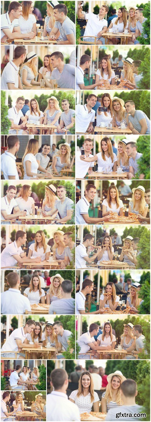 Happy young group of teenage friends having fun in the outdoor cafe - Set of 19xUHQ JPEG Professional Stock Images