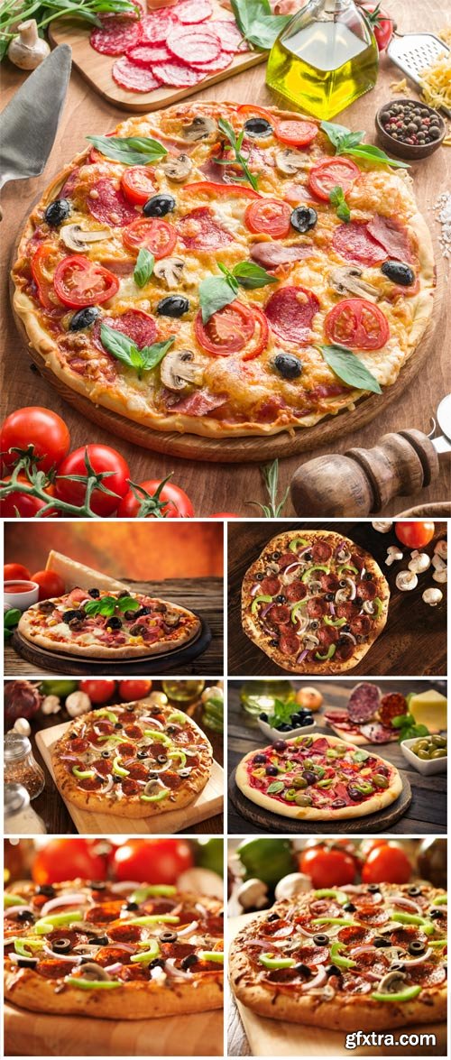 Pizza with tomatoes and olives stock photo