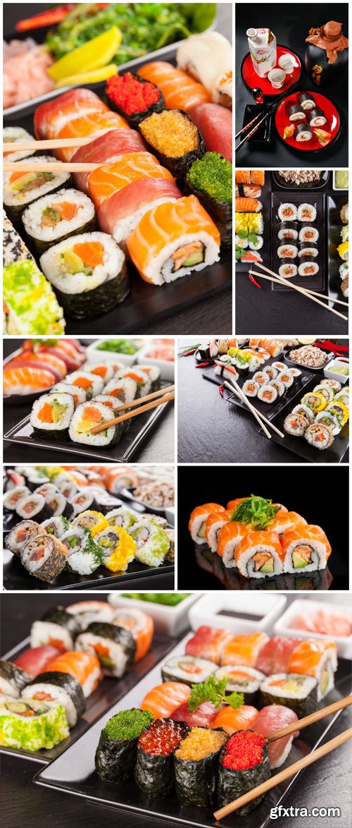 Sushi sets on black table stock photo